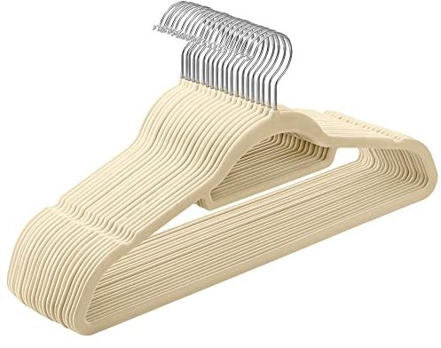 SONGMICS Kleiderbügel Samt, 20er Set, Bügel, rutschfest, kleine Stange für Krawatten, 360° drehbarer Haken, 0,6 cm dick, platzsparend, 43,5 cm lang, für Mäntel, Hosen, Silber-Beige CRF020M20