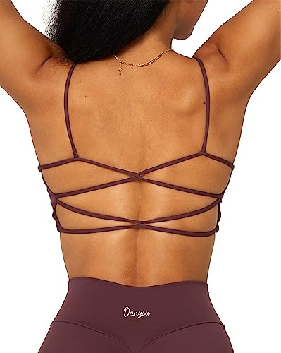 Danysu Reggiseno sportivo da donna senza schiena, morbido reggiseno da allenamento con imbottitura rimovibile, reggiseno imbottito per yoga, Strappy Going Out Top, #1.crisscross Cioccolata calda, M