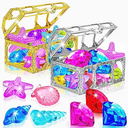 MGparty 24pcs Diving Gem Pool Toys Colorful Diamonds Set with Pirate Treasure Chest Summer Toy Underwater Swimming Toys for Boys and Girls Pool Games Water Toys