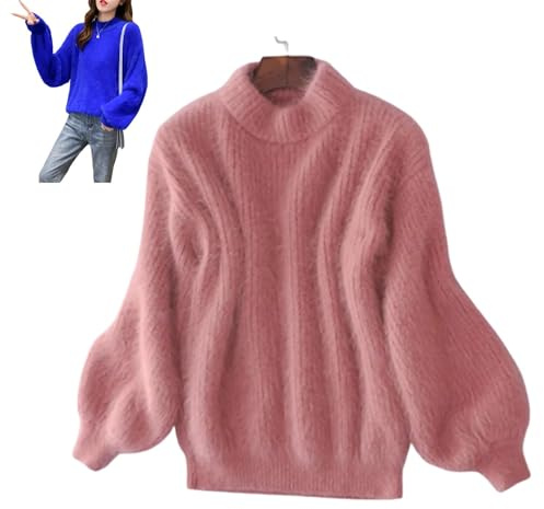 Nearflying Suéter de invierno de cachemira mixta angora para mujer, suéter cálido y holgado, color liso, cuello redondo, suéter esponjoso, rosa, Talla única