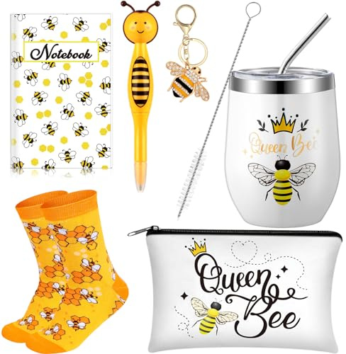Panitay 6 Pcs Bee Theme Gifts Set for Women, 12 Ounce Stainless Steel Tumbler with Straw and Brush Socks Cosmetic Bag Notebook Pen Keychain for Women Bee Lover Valentines Birthday Party Gifts