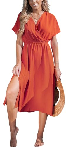 CUPSHE Damen Kleid V Ausschnitt Wickeloptik Kurzarm Schlitz Hohe Taille Sommer Lose Freizeitkleider A-Linie Midi Dress Sunset Chevron L