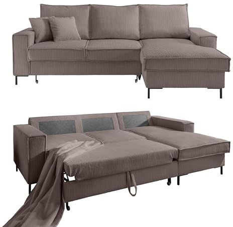 Modernes Cord Ecksofa B240/T150/H92 cm mit Schlaffunktion und Bettkasten, Wellenunterfederung, L-Couch mit Recamiere rechts, Liegefläche 125x198 cm, Cord-Bezug in Braun Taupe / 17222