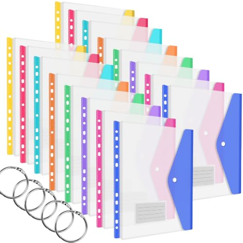 SdreMelo Lot de 16 Pochette Plastique A4 8 Couleurs Pochette Classeur A4 Refermable avec trous de reliure Porte documents A4 avec 5 anneaux de reliure (Horizontal-16Pièces)