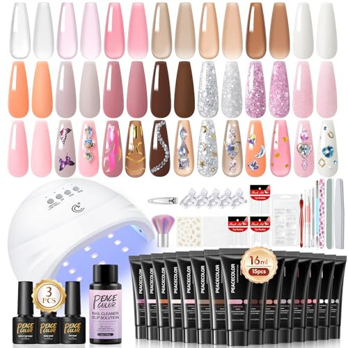PEACECOLOR Kit Uñas Acrilicas Completo con Lámpara UV+LED, 15 Colores Acrilicas Gel Uñas Constructor de Rosa Marrón Morado Purpurina con Base Top Matte Top Coat, Uñas Kit Completo para Builder