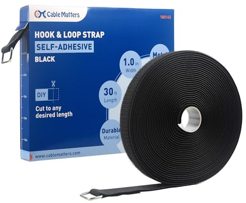 Cable Matters correas de gancho y bucle con hebilla, rollo de 9 m con 45 hebillas metálicas, bridas ajustables para cables (25 mm de ancho), negro