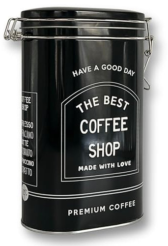 MediMuc Barattolo da caffè ovale laccato nero con scritta bianca con chiusura a leva, dimensioni: (altezza x larghezza x profondità) circa 20,0 x 12,2 x 8,0 cm, volume circa 1,8 l