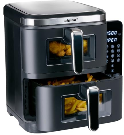 alpina Double Airfryer XXL - Heißluftfritteuse 11L - Air Fryer mit 2 Kammern - Duo Backofen für 8 Personen - Faltbares Display - Timer-Funktion bis zu 60 Minuten - Temperatur 60-200°C - Schwarz
