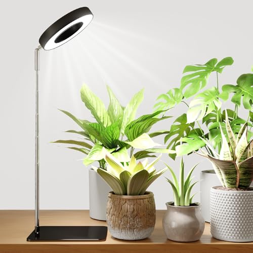 Bamworld Plant Grow Light with Base, Full Spectrum LED Ring Lamp, Adjustable Height, 8W Desk Light for Indoor Plants