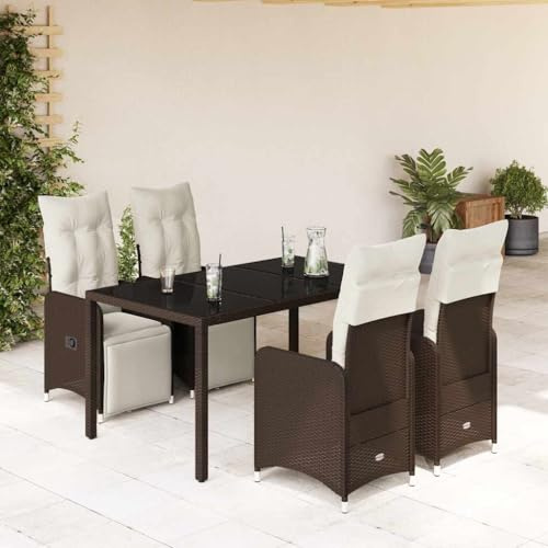 Set bistrò da giardino in polyrattan marrone con cuscino, poltrona regolabile e tavolo in vetro per balcone, terrazza, giardino, 5 pezzi