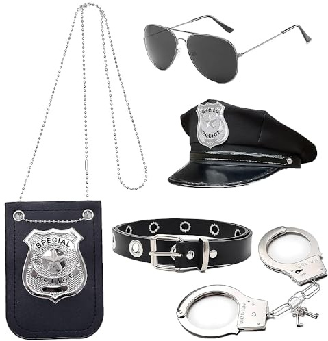 Lotvic Accesorios de disfraz de policía, 5 piezas de accesorios de policía para mujer con sombreros, insignias, gafas, esposas, cinturón, disfraz de policía, juego de accesorios para mujer, hombre