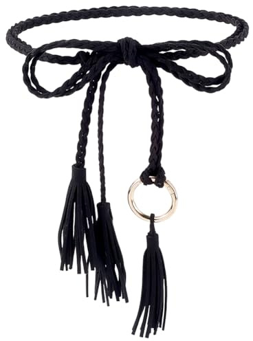 CRASPIRE Cintura da Donna in Stile Boho Intrecciata con Nappa Cintura in Corda Sottile in Pelle Nera Intrecciata A Mano Lunga e Sottile in macramè con Catena Decorativa Annodata con Anello per Abiti