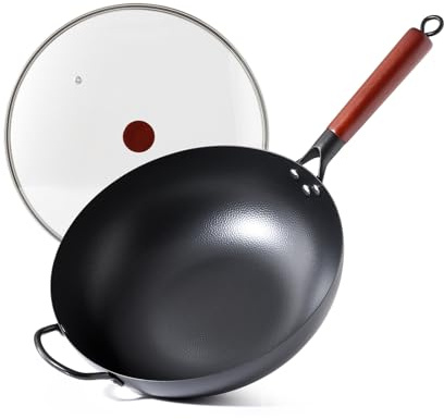 Kordisen Il wok antiaderente è una padella wok in acciaio al carbonio da 32 cm utilizzata per cuocere in padella su induzione, elettrici, a gas, alogeni e tutti i fornelli con coperchio in vetro