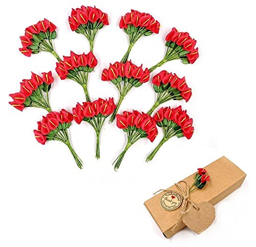 JZK 144 Rojo Lirio Ramo Artificiales Flores Artificiales para decoración Caja Regalo Fiestas Bodas Confeti cumpleaños Bautizo, Mini Lirio de Cala Artificial Rojo, decoración Caja favores Boda