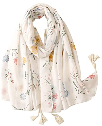 FAIRYGATE weißer Schal Damen mit Blumen- und Blättermuster Umschlagtuch Umhang Schals mit Quasten weiches Fransen Wraps für Hochzeit Party 17237