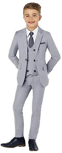 Traje formal de 3 piezas con un botón para niños, blazer ajustado, chaleco, pantalones, traje de fiesta para niños, traje para niño para boda, gris, 14 años