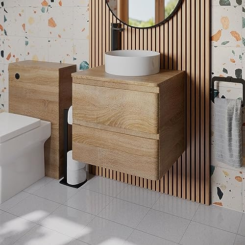 Affine® 600mm Vanity Unit Bathroom Wall Mounted Storage Cabinet Cupboard Cloakroom, Soft Close Drawers, Lyon White Countertop Basin Sink, Oak Effect