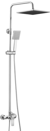 Auralum Colonna Doccia con Miscelatore, Asta Doccia con Soffione e Doccetta, Saliscendi Doccia Acciaio Inox Altezza Regolabile 90-130cm, Gruppo Doccia Completa con Miscelatore (Cromo, Quadrato 25cm)