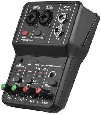 sound card,HUIOP Audio Interface Professional Recording Sound Card 16bit/48kHz Mini USB Audio Interface Sound Card 2-In & 2-Out with 48V Phantom Power USB-B Cable Studio Recording Equipment for Music