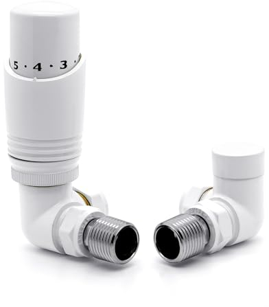 VANCOCO Glossy White Thermostatic Radiator Valves 15mm (TRV) with Lockshield, 1/2×15mm Corner Radiator Thermostat Valve, H62 Brass, Energy Saving Modern TRV for Central Heating Syetem