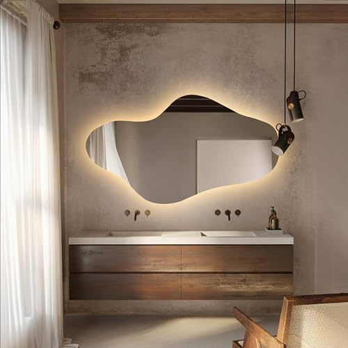 KT WALL ART Asymmetrical Led Lighted Mirror for Bathroom, Irregular Vanity Mirror with Lights, Washbasin Backlit Led Illuminated Wall Mirror (Warm Ligth, 27.2x47.2 inc | 69x120 cm)