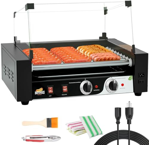 Hot Dog Roller Machine - 1000W Sausage Grill Cooker with Dual Temp Control, Removable Drip Tray & Cover, Non-Stick Roller Sausage Roasting Warmer 5Roll