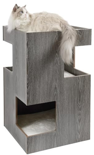 CanadianCat Company | Premium Katzenbett, Katzenhöhle Cat Castle Katzenturm mit Katzenhöhlen aus Holz, inkl. 3 Liegekissen, dunkelgrau, 50 x 50 x 80 cm