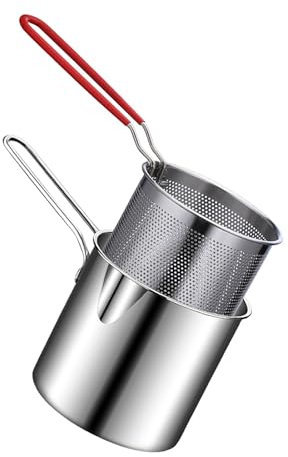 Akozon Mini-Fritteuse – Tragbare ölsparende Bratpfanne aus Edelstahl 304 mit Sieb für die Küche zu Hause – Gasfritteuse mit Antihaftbeschichtetem Silikongriff