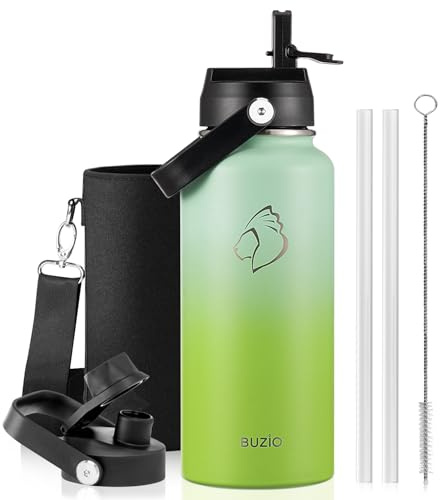 BUZIO 32oz Insulated Water Bottle, Triple Wall Vacuum Stainless Steel Water Flask with Straw Lid, BPA-Free Leakproof Sports Canteen for Sports Hiking, Cold 48H & Hot 24H- Gradient Green