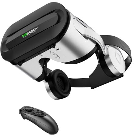 Cuffie VR con audio 3D, compatibili con smartphone da 5,5 a 6,7 pollici, auricolari integrati, protezione oculare, compatibile con telefoni iPhone e Android (bianco e nero)