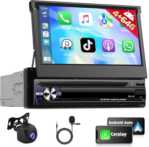 Motorsi 1 DIN Autorradio con Carplay Android Auto Compatible con Radio Dab DSP OBD2, 4+64G Android Radio con Pantalla Táctil IPS de 7'', Bluetooth 5.0 EQ GPS+Cámara de Visión Trasera AHD y Micrófono