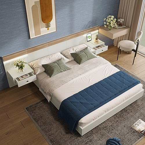 YuQozii Doppelbett Bettanlage mit 2 Nachtkommoden 180 x 200 cm Holzbett inkl. 2 Nachttischen Schlafzimmer Komplett-205x284x90.5 cm(T/B/H) Set in Eiche Sonoma/Weiß(Ohne Matratze) (180 x 200 cm)