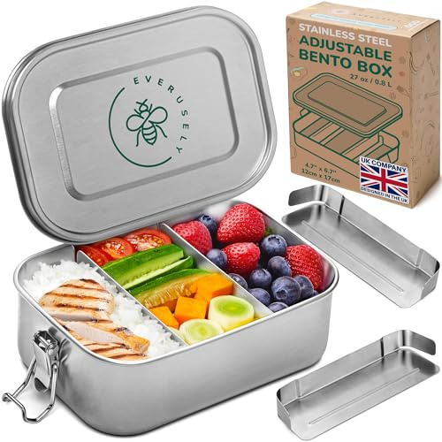 Everusely - Fiambrera de acero inoxidable - 800 ml, 2 divisores ajustables - Contenedores bento herméticos para adultos y niños - Cajas para almacenar alimentos para refrigerios y ensaladas