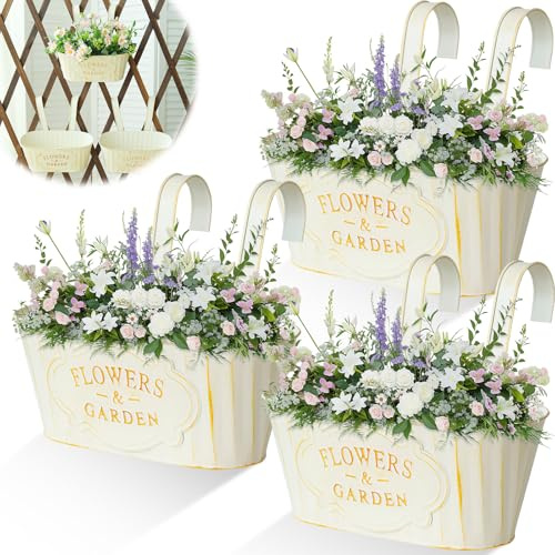 3Pcs Vasi Fiori Sospesi con Doppio Gancio Rimovibile & Fori Drenaggio, Secchio Piante Appendere Grandi Metallo Retrò, Vaso Sospeso Recinzioni Esterno per Balcone Recinzione Giardino Casa Decorazione