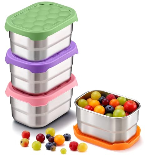 TeamFar 4 Pack Stainless Steel Snack Containers for Kids, 8oz Small Baby Food Container with Silicone Lid, Kids Bento Lunch Box for School/Daycare, Easy Open & Leak Proof, Green/Orange/Pink/Purple
