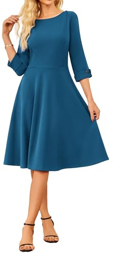 GRACE KARIN Robe de travail élégante pour femme, col bateau, manches 3/4, robe midi évasée, style A, pour cocktail et soirée, bleu jean, L