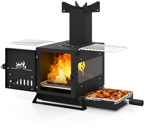 Happygrill Wood Burning Stove, Fire Camping Stove w/Heat Resistant Glass Window, Grill Net, Pot Holder, SPCC, Stainless Steel, Portable Tabletop Fire Pit Stove for Outdoor Cooking, BBQ, Picnic, Events