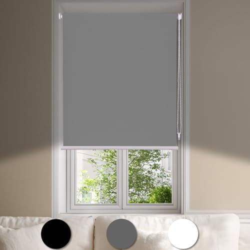 Maritown Blackout Roller Blinds Stick on Thermal Curtains No Drill Blinds for Windows Kitchen, Bathroom, Bedroom UV Protection 3 Ways to Easy Fit- Self Adhesive, Hang or Drill (Grey, 45W x 130H cm)
