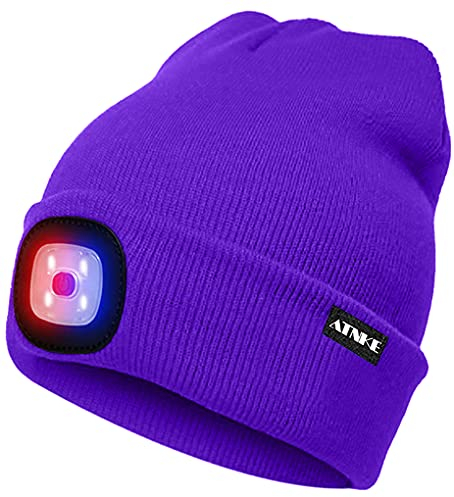 ATNKE Lumineux LED Bonnet Lumineux Beanie Cap Unisexe Phare Rechargeable Chapeau Rouge et Bleu Lueur Clignotant Alarme Phare Multi-Couleur/Violet