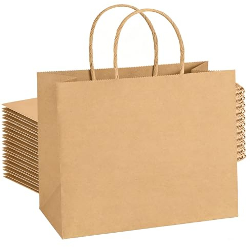 Weifeng 20 Bolsas de Papel Kraft con Asas 27x12x21cm Bolsa Regalo Marrones para Regalar Detalles en Cumpleaños, Bodas, Comuniones (130 g/m²,Tamaño Mediano)