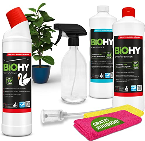 BiOHY Stilles-Örtchen-Komplett-Set | WC-Schwan | Sanitärreiniger | Rohrreiniger | Sprühflasche | Microfasertücher | Dosierer | nachhaltig & sauber | blitzschnelle Wirkung | kraftvolles Konzentrat