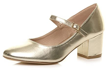 AJVANI Womens Ladies mid Block Heel Strap Work Evening Party Mary Jane Court Shoes Size 5 38 Gold