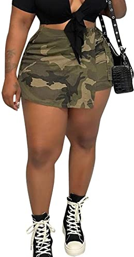 Famnbro Womens Camouflage Shorts, Camo Short Skirt, Army Fatigue Irregular Hem Cargo Skort Skirt
