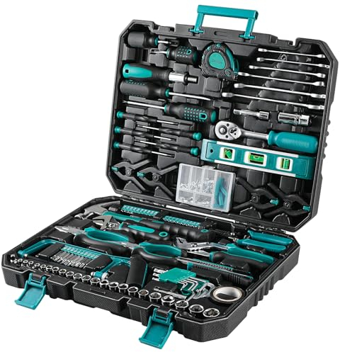 TLGREEN Werkzeugkoffer Gefüllt 198tlg Werkzeugkasten Haushalts Werkzeug Set mit Ratsche Steckschlüsselsatz Schraubenzieher Universal Werkzeug-Sets