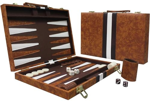 TINMAGI Backgammon, classico gioco da tavolo per adulti, set portatile con custodia in pelle di alta qualità, per viaggi e famiglia, 15 pollici, marrone, 2 giocatori, dai 14 anni in su