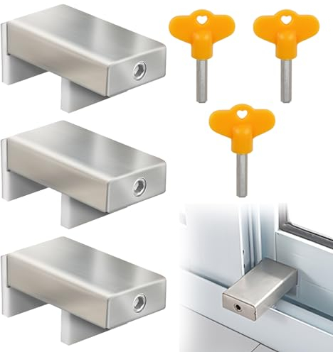 Serrature per Finestre Scorrevoli - Set da 3 Pezzi con Chiavi, Regolabile Ferma Finestra Scorrevole, Sicurezza Domestica e per Bambini, Acciaio Inossidabile Resistente - per Case, Uffici, e Scuole