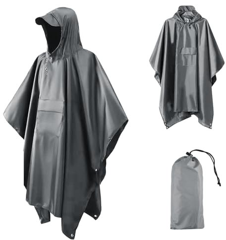 RHHGHY Poncho Impermeable, Poncho Lluvia 210T Oxford, Capa Lluvia Multiusos Hombre Mujer, Chubasquero con Capucha, para Libre, Picnic, Trekking Camping, Senderismo (Tela Oxford, Gris)