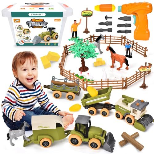 BuzzoXerex Trattore Giocattolo, Set Fattoria Animali Bambini, Fattoria Trattore Giocattolo Set con Rimorchio, Bulldozer, Recinzione e Animali, Regalo per Bambini di 3+ Anni