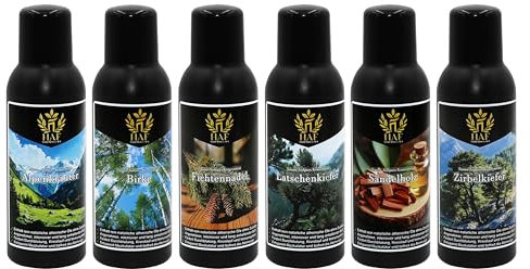 HAF® Saunaaufguss Konzentrat Set Naturkraft | 6 x 100 ml Saunaduft mit Alpenkräuter, Birke, Fichtennadel, Latschenkiefer, Sandelholz, Zirbe | Saunaöl aus 100% natürlichen ätherischen Ölen