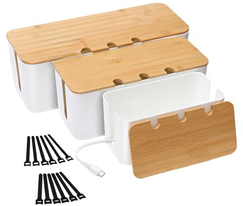 3 Stück kabelbox,Kabelmanagementbox,Aufbewahrungsbox für Kabel mit Bambusdeckel,Aufbewahrungsbox aus Draht zum Verstecken von Kabeln Organisieren Sie die Computerverkabelung